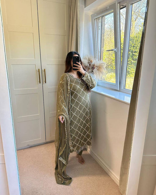 *DESIRABLE FANCY FAUX GEORGETTE SEQUENCE EMBROIDERED WORK TOP AND PENT WITH DUPATTA*