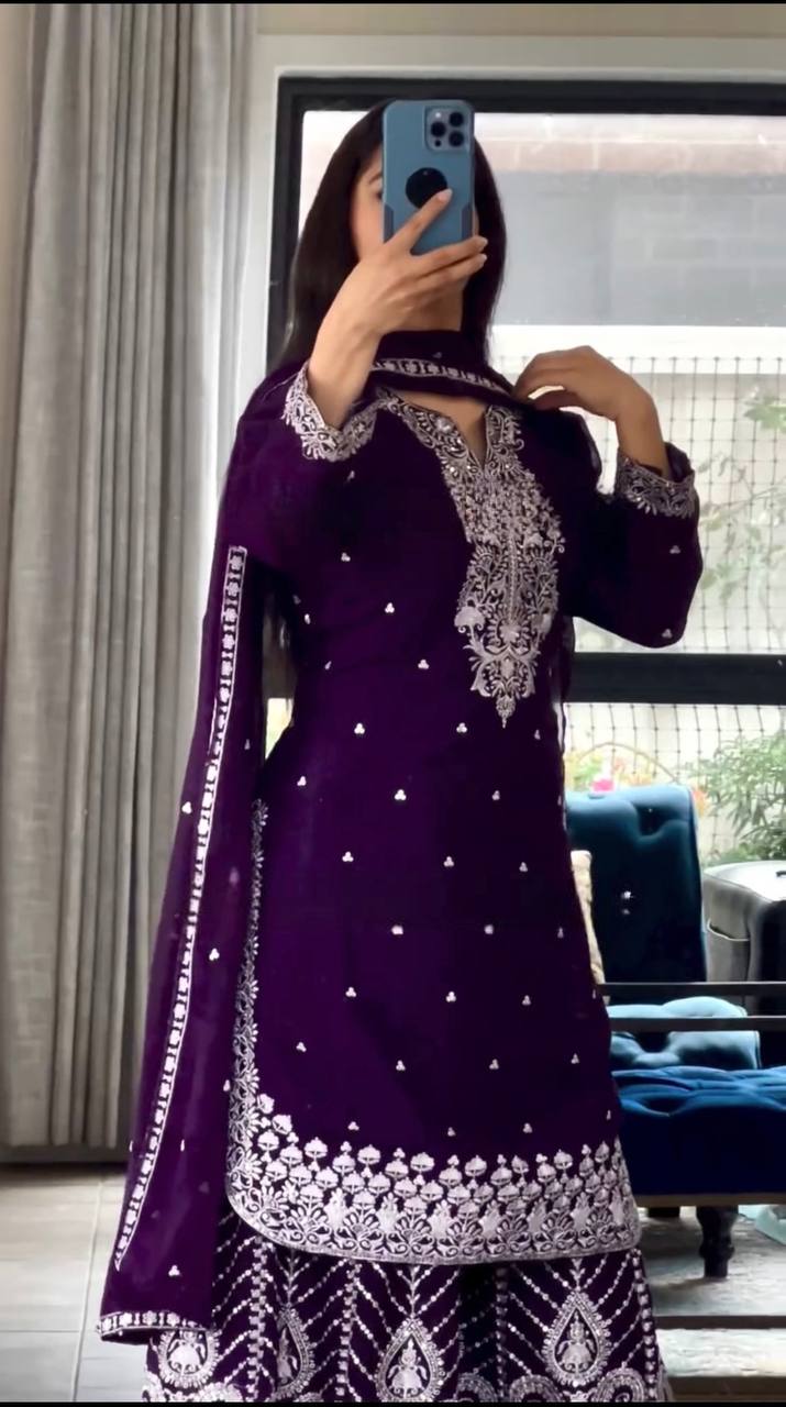 Deep Purple and Wine Gharara Set with Intricate White Embroidery