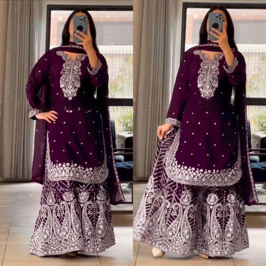 Deep Purple and Wine Gharara Set with Intricate White Embroidery