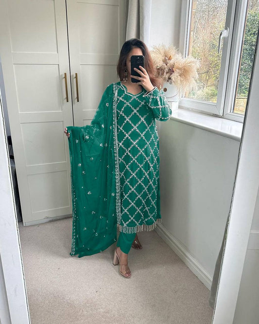 *DESIRABLE FANCY FAUX GEORGETTE SEQUENCE EMBROIDERED WORK TOP AND PENT WITH DUPATTA*