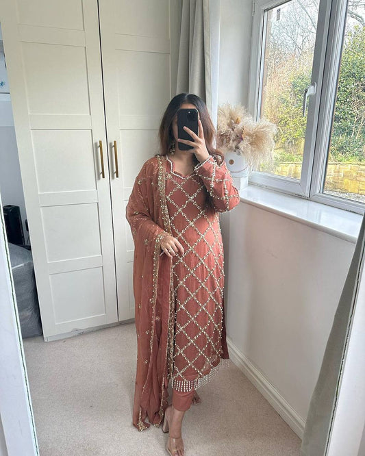 *DESIRABLE FANCY FAUX GEORGETTE SEQUENCE EMBROIDERED WORK TOP AND PENT WITH DUPATTA*