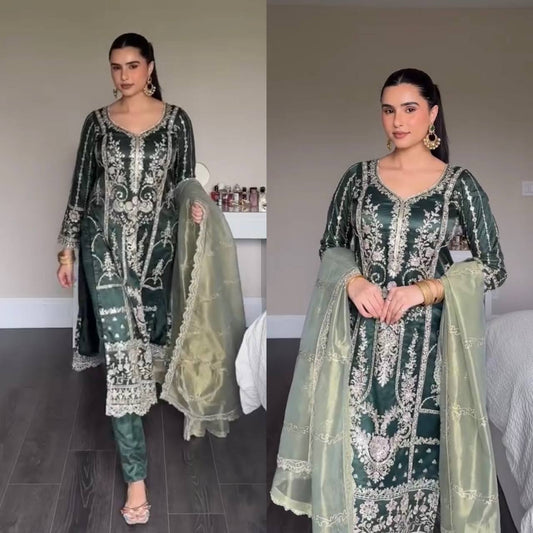 Deep Green Embroidered Straight Suit with  Dupatta