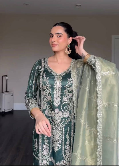 Deep Green Embroidered Straight Suit with  Dupatta
