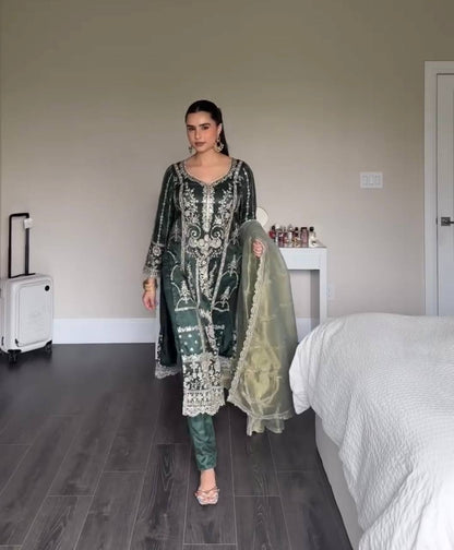 Deep Green Embroidered Straight Suit with  Dupatta