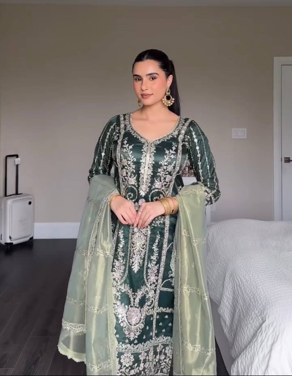 Deep Green Embroidered Straight Suit with  Dupatta