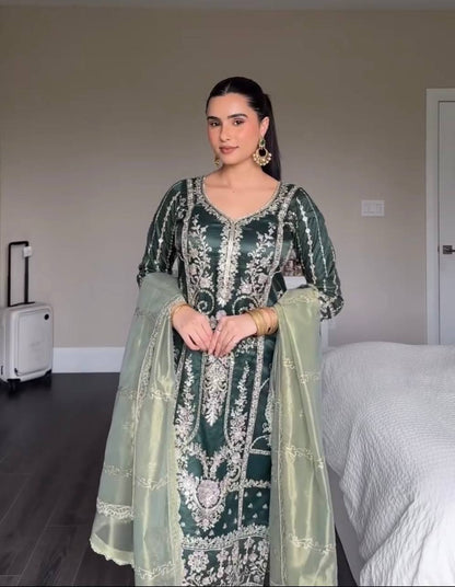 Deep Green Embroidered Straight Suit with  Dupatta