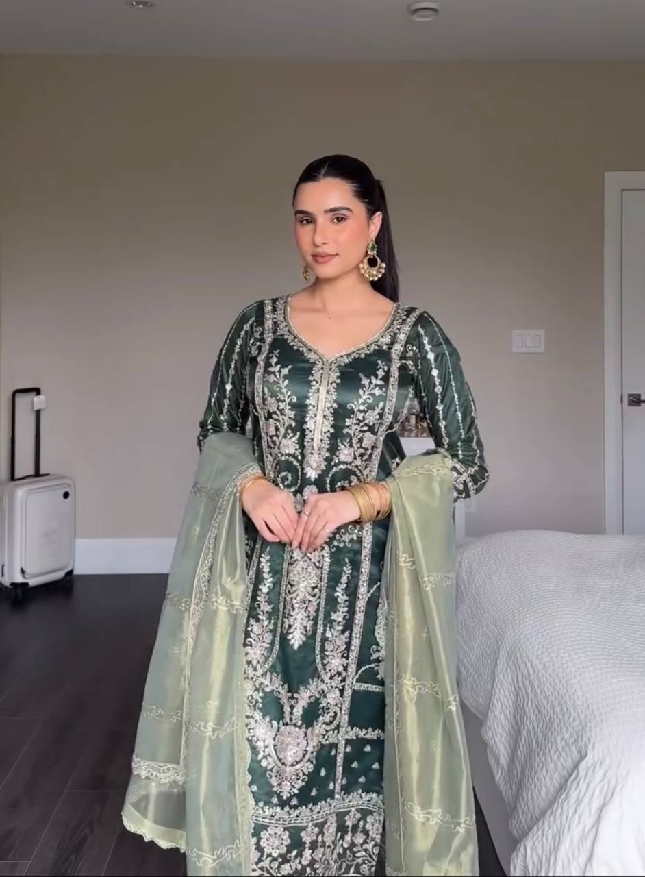 Deep Green Embroidered Straight Suit with  Dupatta