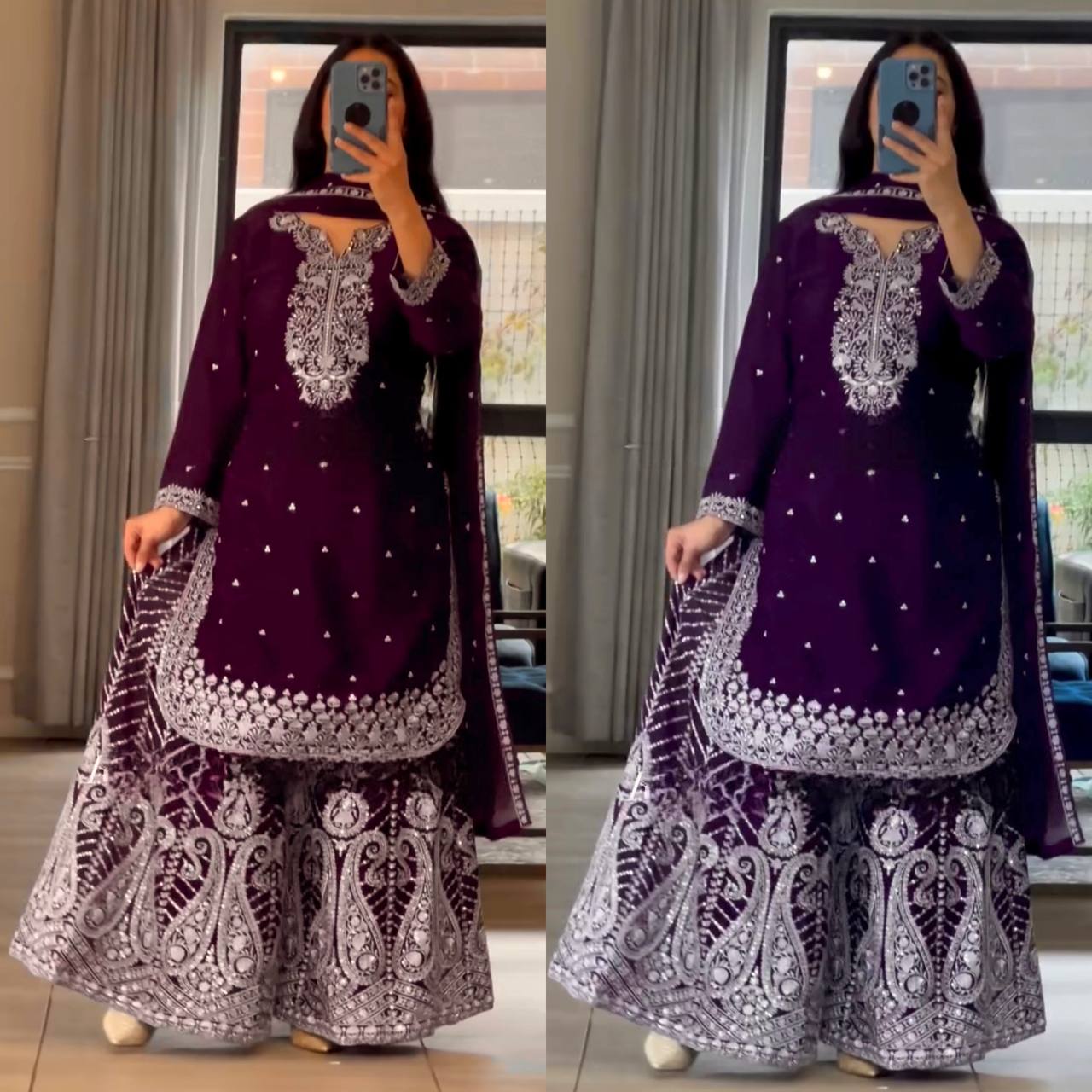 Deep Purple and Wine Gharara Set with Intricate White Embroidery