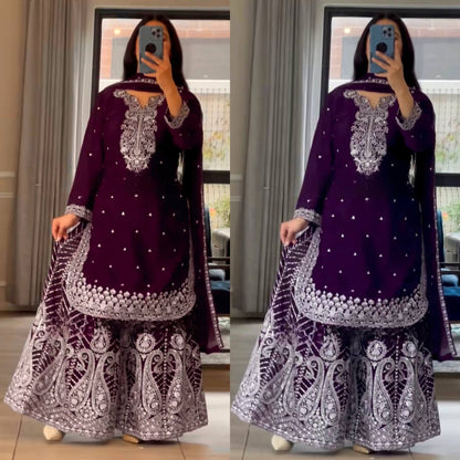 Deep Purple and Wine Gharara Set with Intricate White Embroidery