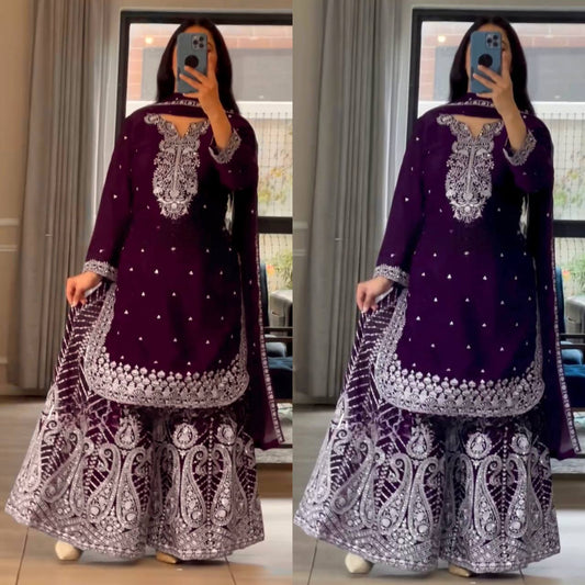 Deep Purple and Wine Gharara Set with Intricate White Embroidery