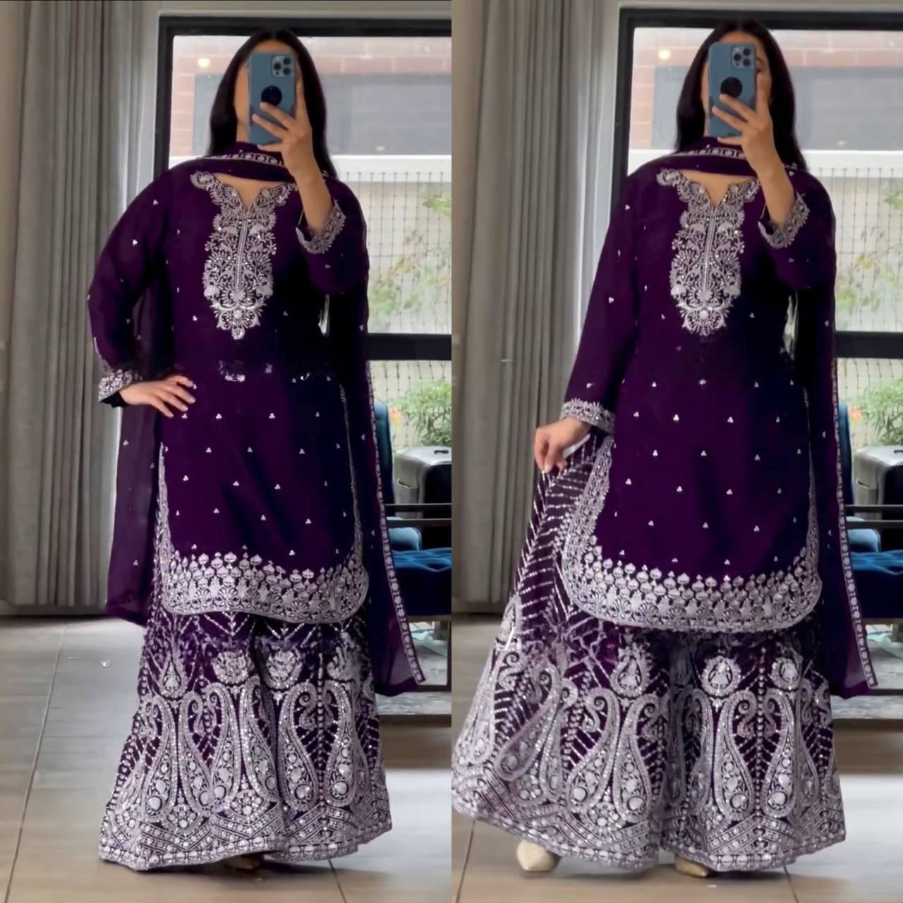 Deep Purple and Wine Gharara Set with Intricate White Embroidery