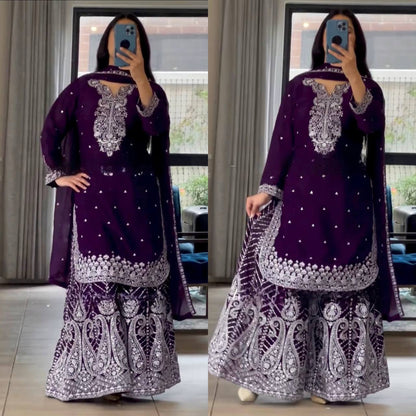 Deep Purple and Wine Gharara Set with Intricate White Embroidery