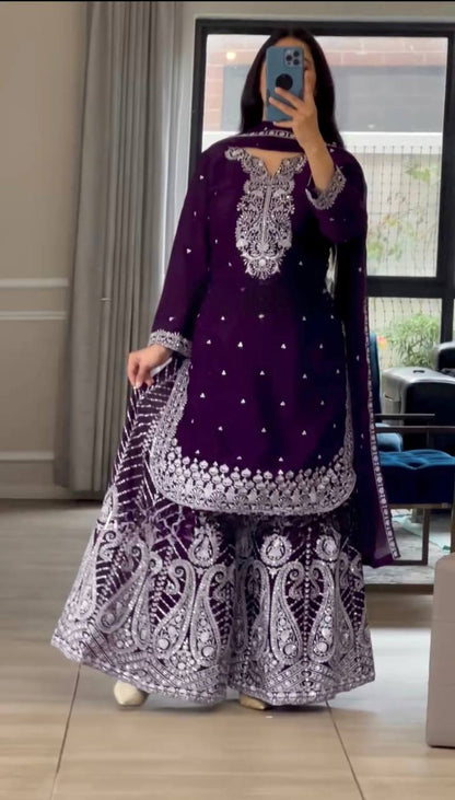 Deep Purple and Wine Gharara Set with Intricate White Embroidery