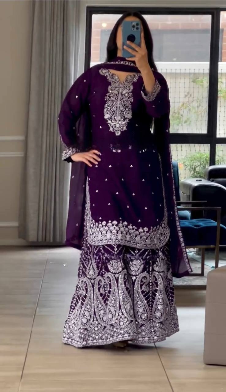 Deep Purple and Wine Gharara Set with Intricate White Embroidery