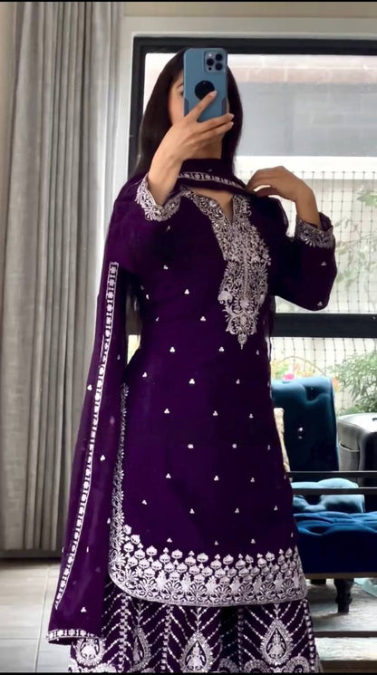 Deep Purple and Wine Gharara Set with Intricate White Embroidery