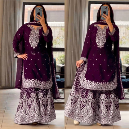 Deep Purple and Wine Gharara Set with Intricate White Embroidery