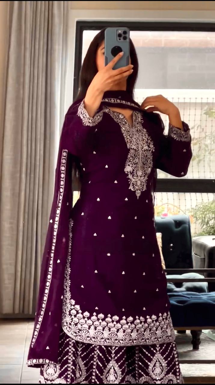 Deep Purple and Wine Gharara Set with Intricate White Embroidery