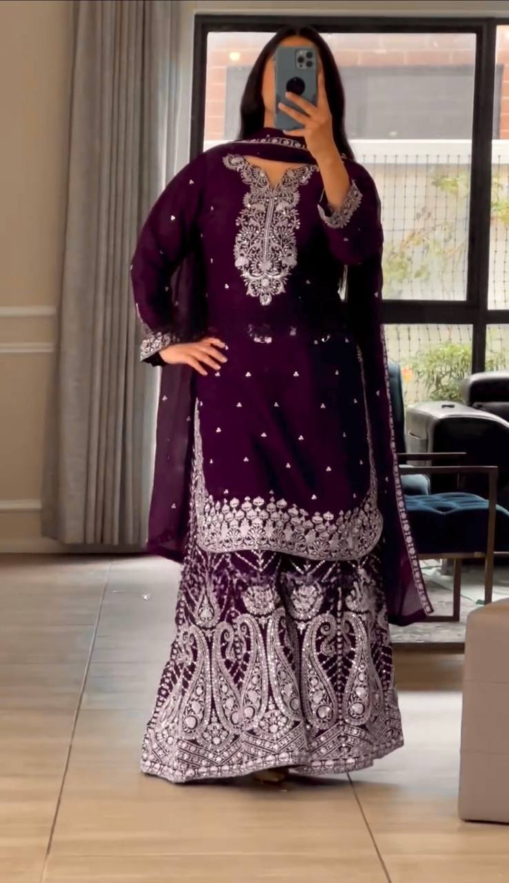 Deep Purple and Wine Gharara Set with Intricate White Embroidery