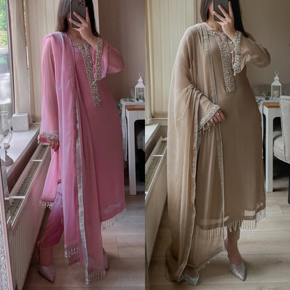 Desirable fancy faux georgette real pearl hand work top and pant with dupatta Suit Set